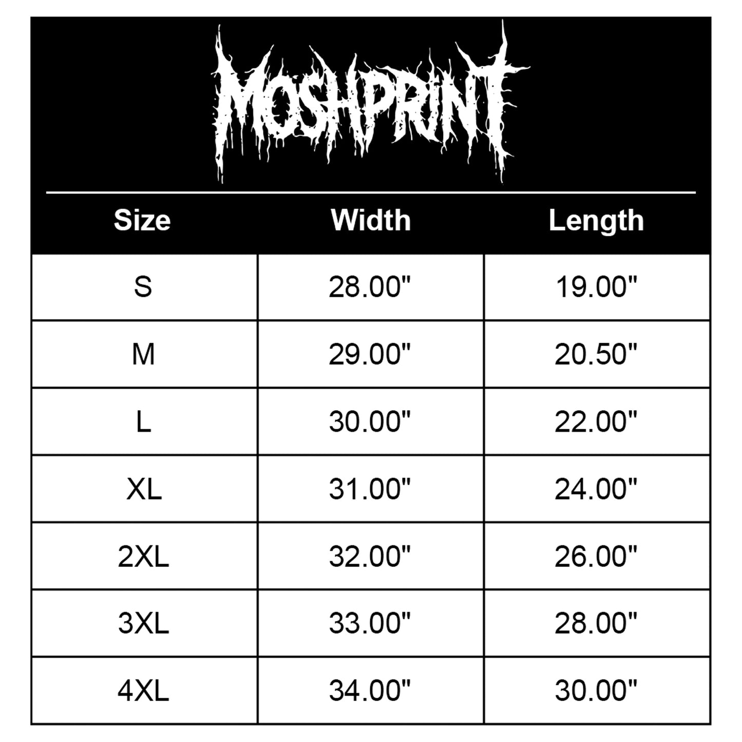 Moshprint t-shirt size chart showing width and length measurements for sizes S through 4XL
