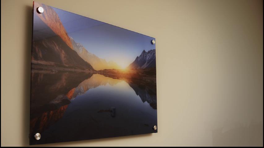 Acrylic sign wall-mounted on standoffs, viewed at an angle to show the clear panel edge