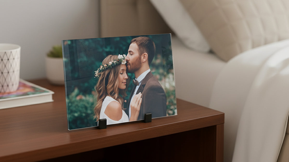 Small acrylic print standing on tabletop feet, showing the polished clear edge