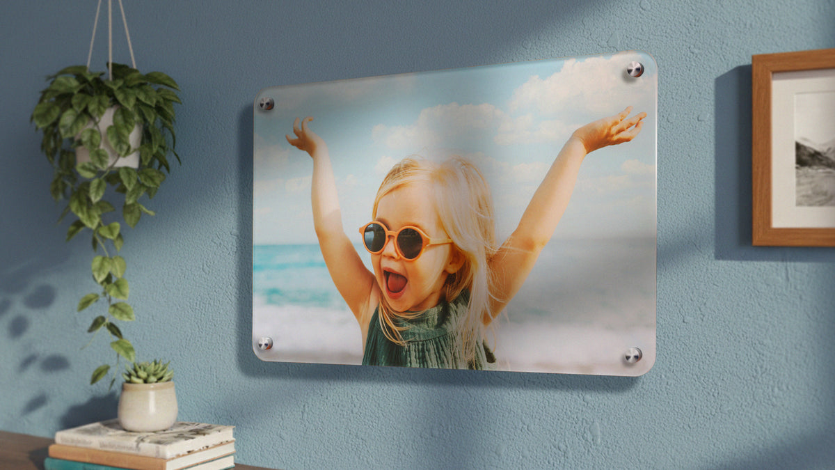 Acrylic photo panel wall-mounted on four standoffs in an interior room