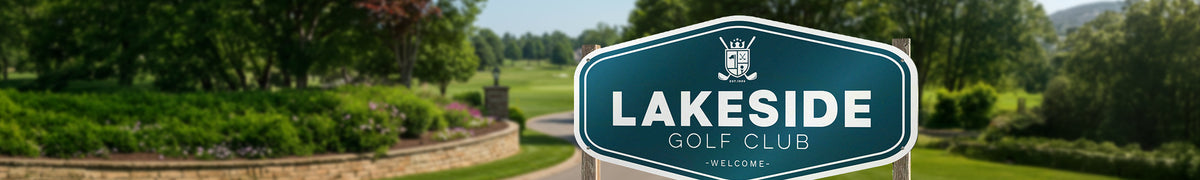 Wide shaped aluminum sign mounted between two wooden posts as property entrance signage
