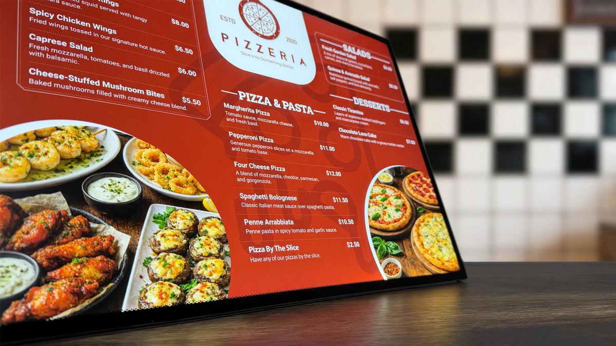 Backlit menu panel lit from behind on a restaurant counter, showing full-color type and food photography