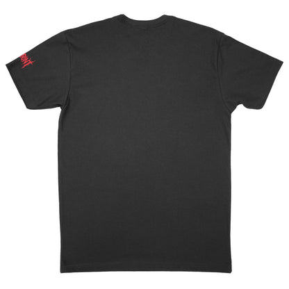 Back view of Blood Fart t-shirt showing sleeve logo on black tee