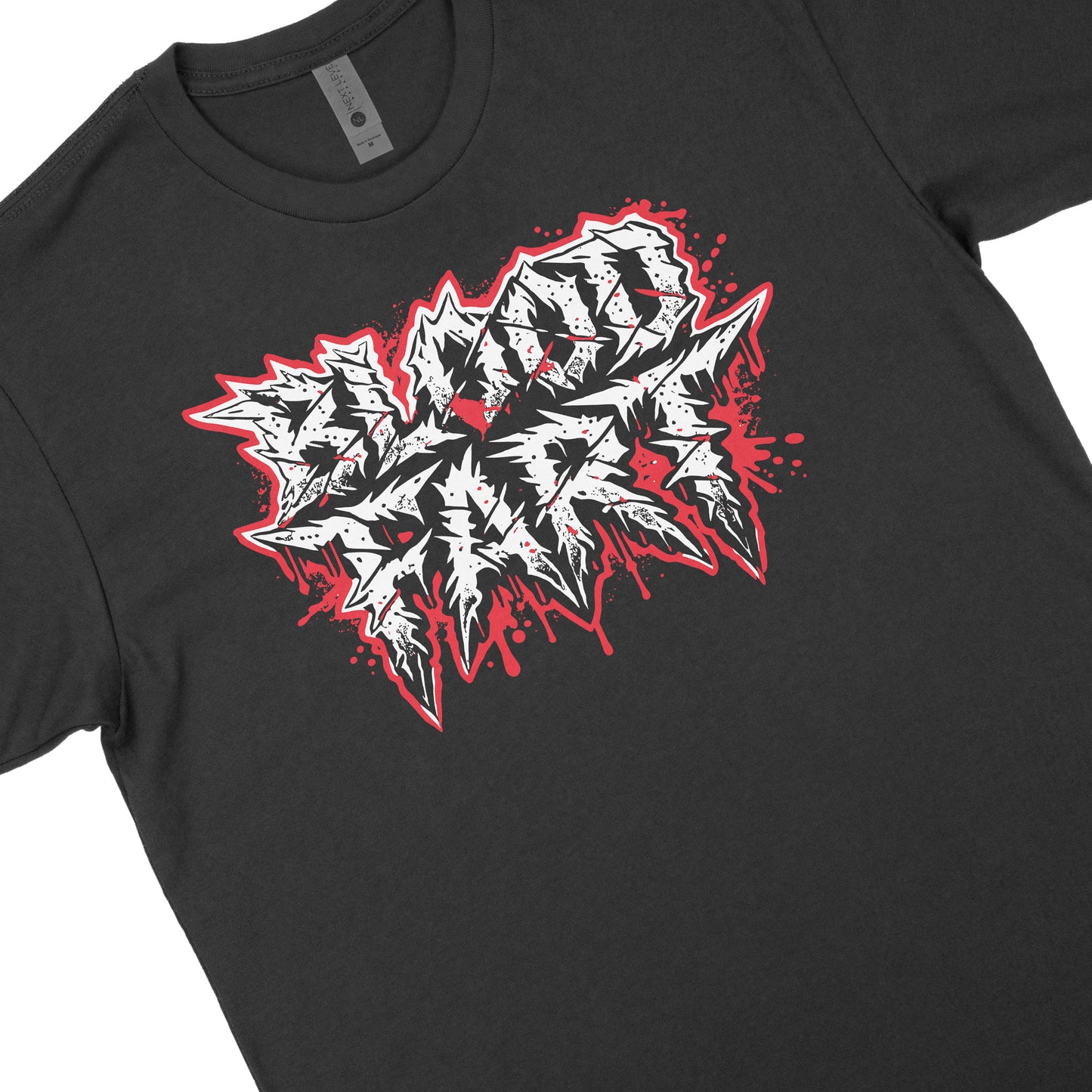 Angled close-up of Blood Fart two-color chest print on black t-shirt
