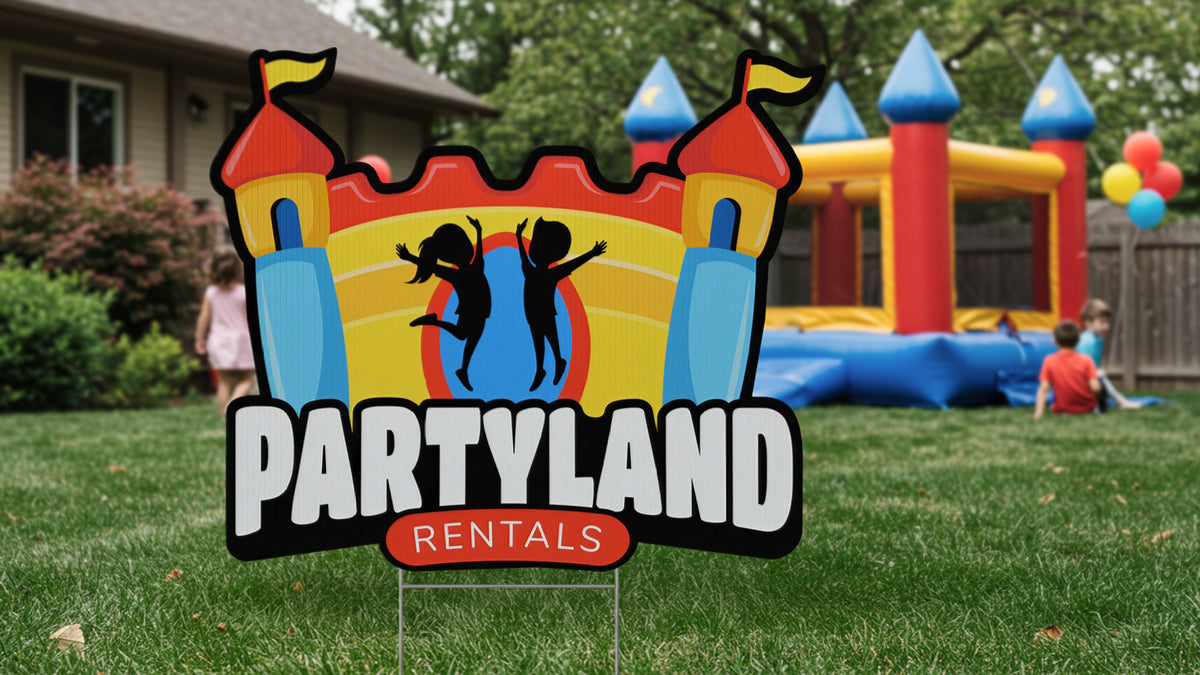 Contour-cut corrugated plastic yard sign in a custom outline shape, staked in a lawn