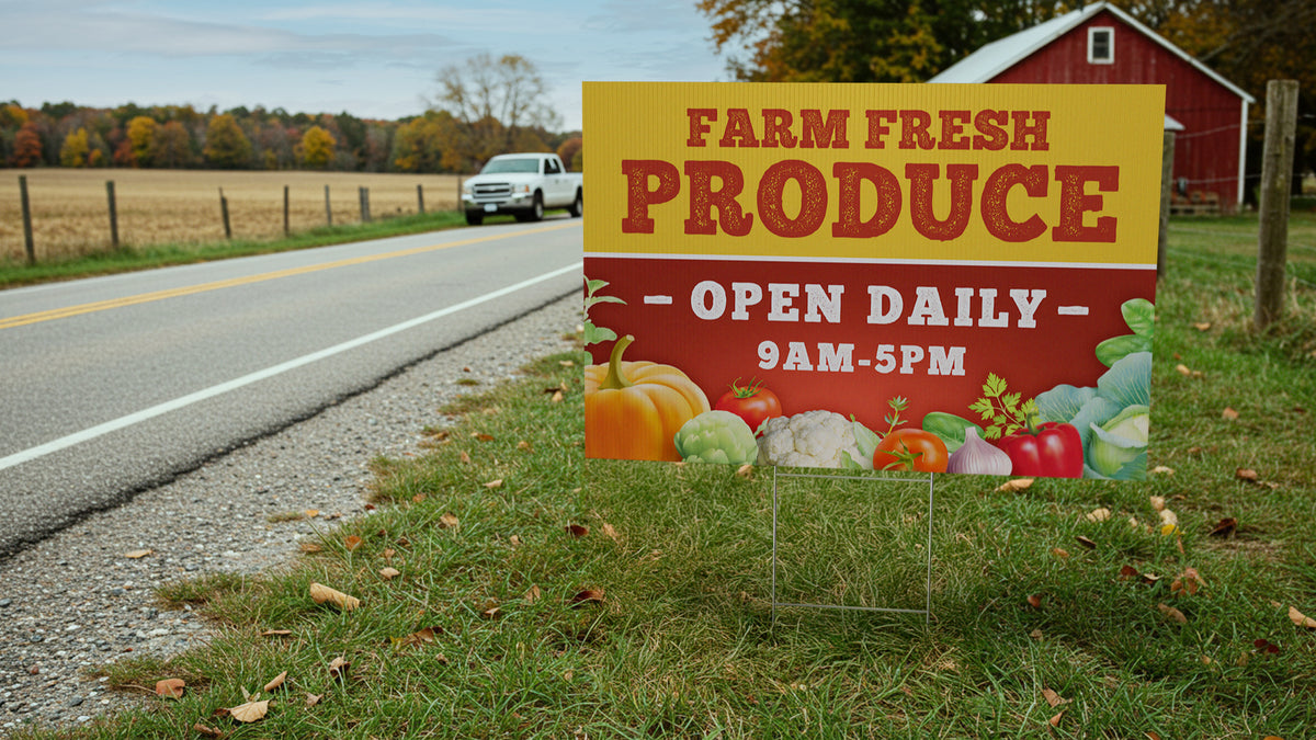 Corrugated plastic yard sign staked at a roadside, sized to read from passing traffic