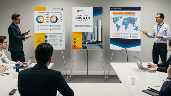 Three foam board presentation panels displayed on easels in a meeting room
