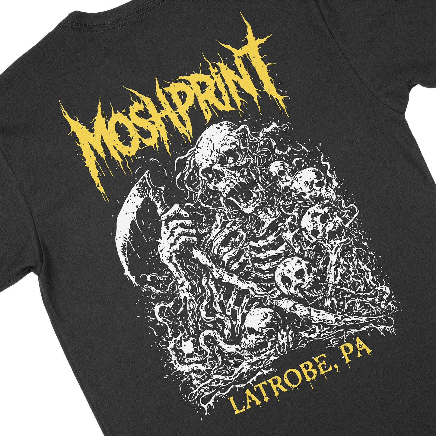 Angled close-up of the back of the Latrobe Ripper Tee highlighting the skull and scythe artwork