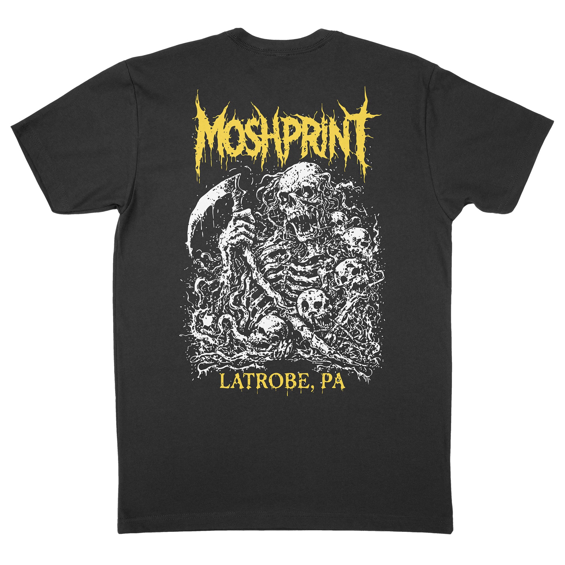 Back view of the Latrobe Ripper Tee showing the skull and scythe graphic printed in white and gold on a black t-shirt