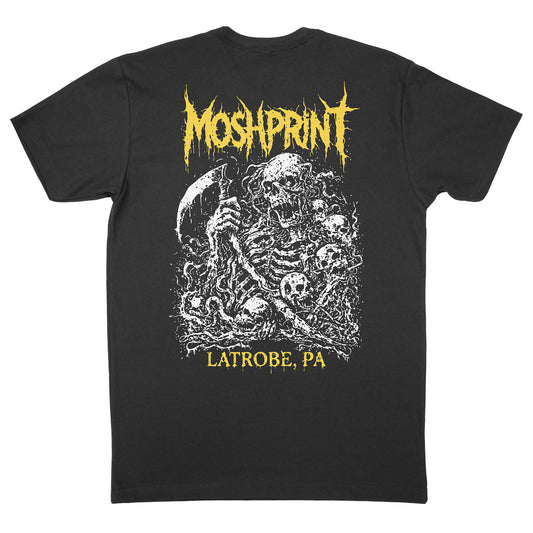 Back view of the Latrobe Ripper Tee showing the skull and scythe graphic printed in white and gold on a black t-shirt