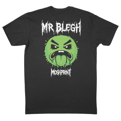 Back view of Mr. Blegh t-shirt with large green BLEGH face graphic printed on black shirt