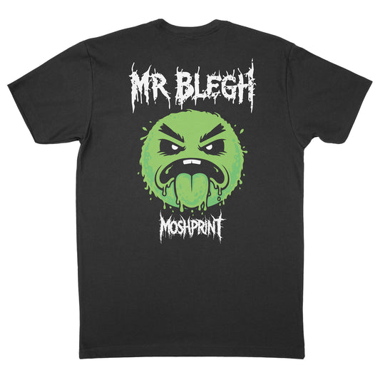 Back view of Mr. Blegh t-shirt with large green BLEGH face graphic printed on black shirt