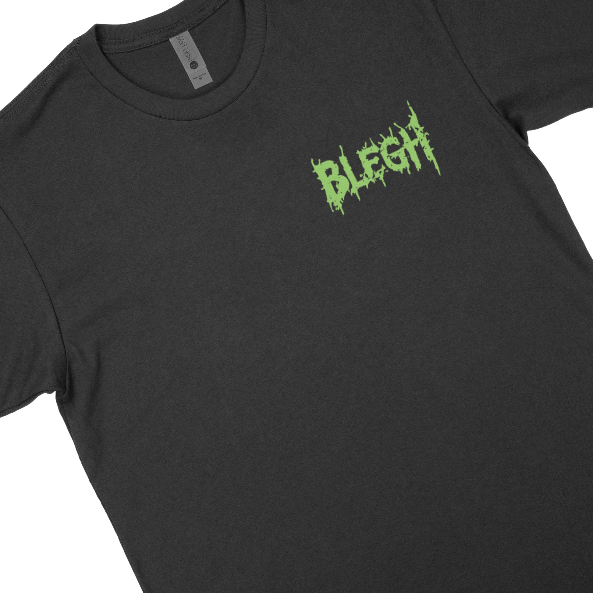 Green blegh logo printed on front left chest of black Mr. Blegh t-shirt