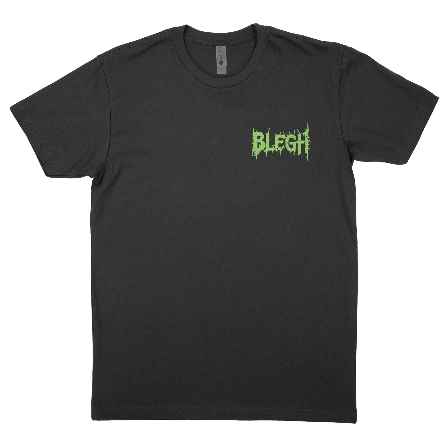 t-shirt by Moshprint featuring green metal inspired blegh graphic on black tee – front view