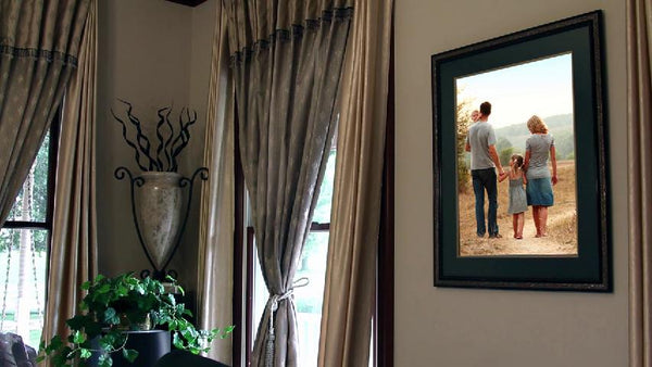Poster print matted and framed, hanging on an interior wall