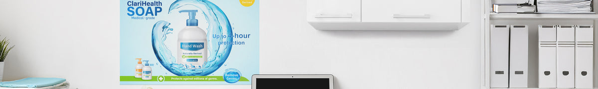 Wide product promotion poster displayed on an office wall above a desk