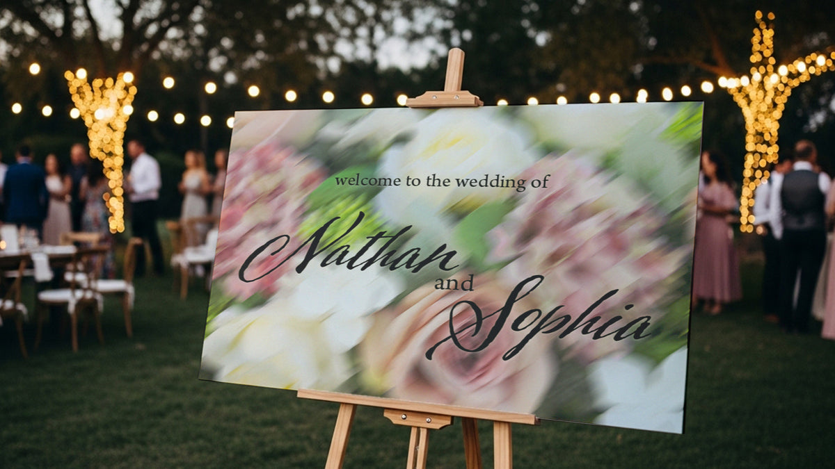 PVC event welcome sign displayed on a wooden easel at an outdoor evening reception
